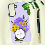 Custom Monogram Name Pretty Wildflowers Samsung Galaxy Case<br><div class="desc">This deisgn features purple and yellow wildflower photos mixed with digital art greenery. It includes templates for initial letter and name in a white clipped corner block. Personalize the text,  remove one text element or edit using the design tool to select a font style,  size,  and colour you prefer.</div>