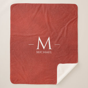 Custom Monogram Name Red Brown Leather Look Sherpa Blanket