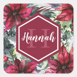 Custom Monogram Name Red Poinsettia Square Sticker