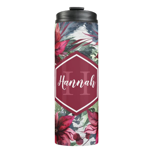 Custom Monogram Name Red Poinsettia Thermal Tumbler (Front)