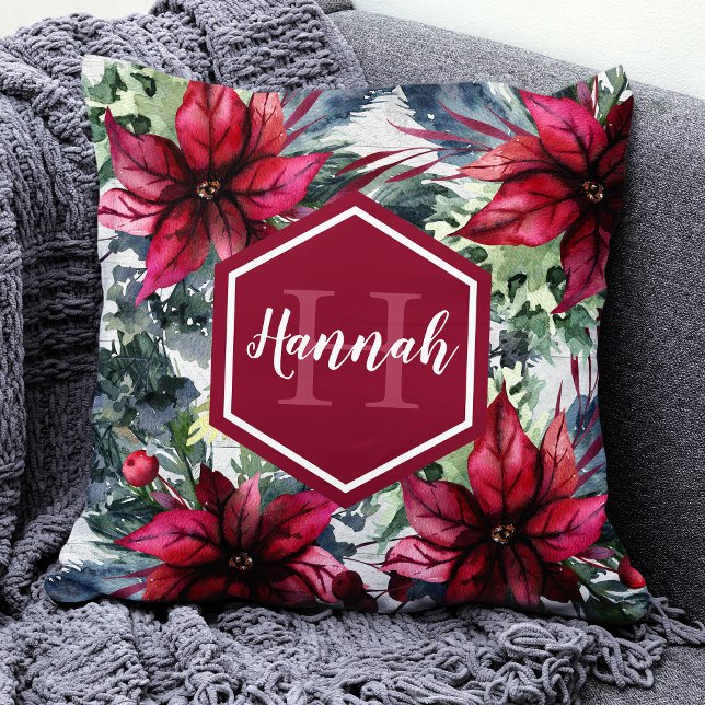 Custom Monogram Name Red Poinsettia Throw Pillow (Creator Uploaded)