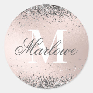 Custom Monogram Name Silver Glitter Blush Pink Classic Round Sticker
