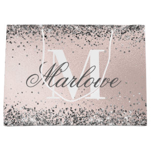 Custom Monogram Name Silver Glitter Blush Pink Large Gift Bag
