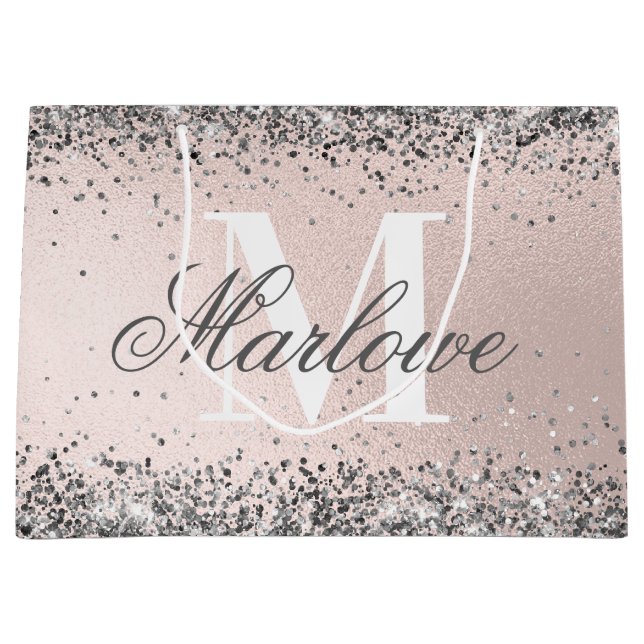 Custom Monogram Name Silver Glitter Blush Pink Large Gift Bag (Front)