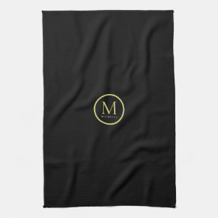 Custom Monogram Name Template Black And Gold Kitchen Towel