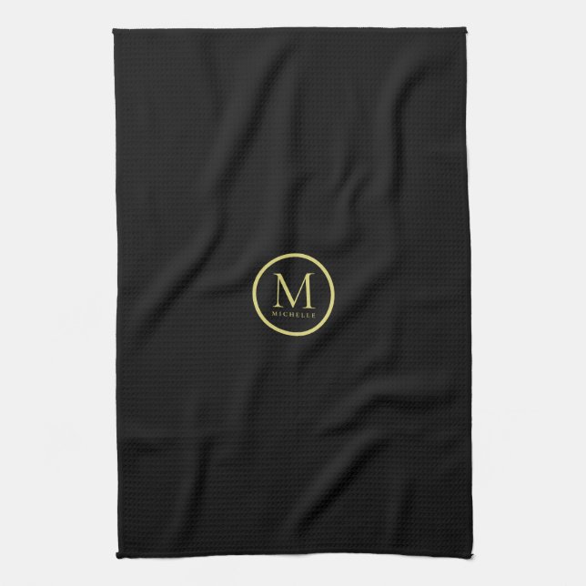 Custom Monogram Name Template Black And Gold Kitchen Towel (Vertical)