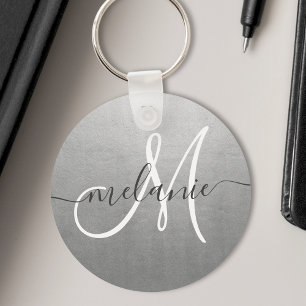 Custom Monogram Name Trendy Script Silver Foil Keychain