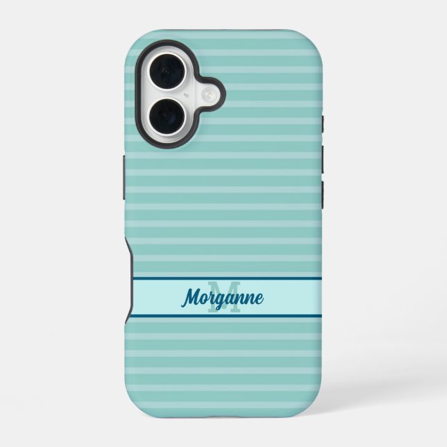 Custom monogram name turquoise stripe pattern iPhone 16 case (Back)