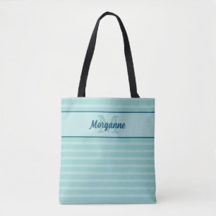 Custom monogram name turquoise stripe pattern tote bag