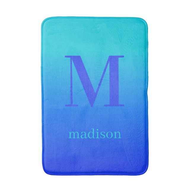 Custom monogram & name Turquoise to Blue Gradient Bath Mat (Front Vertical)
