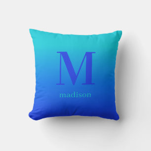 Custom monogram & name Turquoise to Blue Gradient Throw Pillow