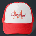 Custom Monogram Name White And Red Unisex Baseball Trucker Hat<br><div class="desc">Custom Monogram Name White And Red Unisex Baseball Cap Template Unisex Elegant Trendy Trucker Hat.</div>