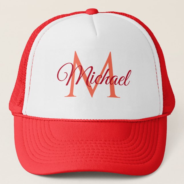 Custom Monogram Name White And Red Unisex Baseball Trucker Hat (Front)