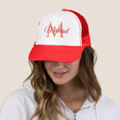 Custom Monogram Name White And Red Unisex Baseball Trucker Hat (In Situ)