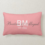 Custom Monogram Names Family Pillow | Rectangle<br><div class="desc">Cheerful and modern monogrammed throw pillows designs with bride and groom names, great to brighten any couch, sofa, chair or bedroom decoration. Fully customizable! The stylish, chic and simple throw pillow design, by red_dress, features couples's names, monograms and the word "Established ... " on a pink personalized background. Easily customize...</div>