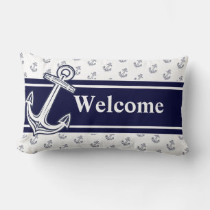 Custom Monogram  Nautical Anchor Navy Blue White Lumbar Pillow