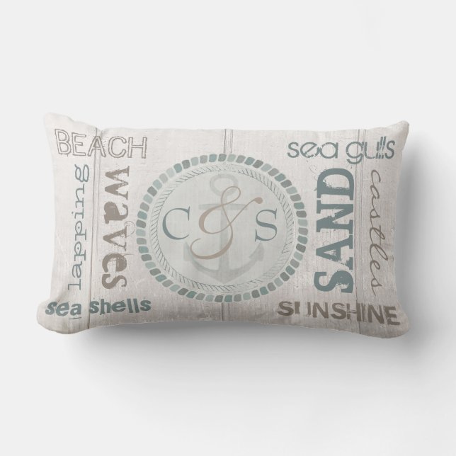 Custom Monogram Nautical Beach Wood Pillow (Front)