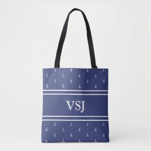Custom Monogram Nautical Blue and White Tote Bag