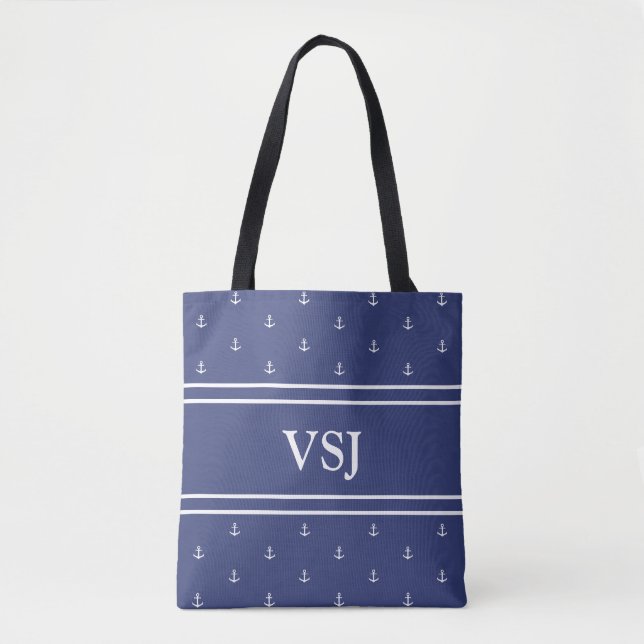 Custom Monogram Nautical Blue and White Tote Bag (Front)