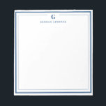 Custom Monogram Navy Blue Border Stationery Notepad<br><div class="desc">Make a lasting impression with this elegant personalized stationery, featuring a bold navy blue monogram and name in classic serif type. Framed by a double-line border for a refined touch, this flat note card is perfect for thank you notes, personal messages, or professional correspondence. Ideal for gifting or adding a...</div>