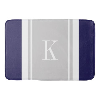 Custom Monogram Navy Blue Grey Stripes Pattern Bath Mat