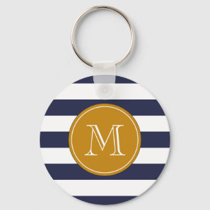 Custom Monogram Navy Blue Stripes Keychain