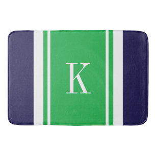 Custom Monogram Navy Kelly Green Stripes Pattern Bath Mat
