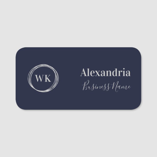 Custom Monogram Navy Silver Employee Name Tag (Front)