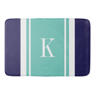 Custom Monogram Navy Teal Mint Stripes Pattern Bath Mat
