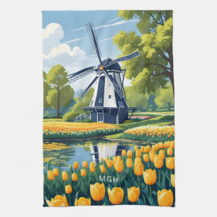 Custom Monogram Netherlands Windmills Kitchen Towel