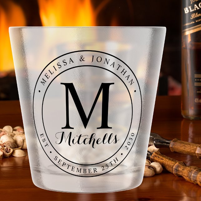 Custom Monogram Newlywed Name Date Wedding Shot Glass (Creator Uploaded)