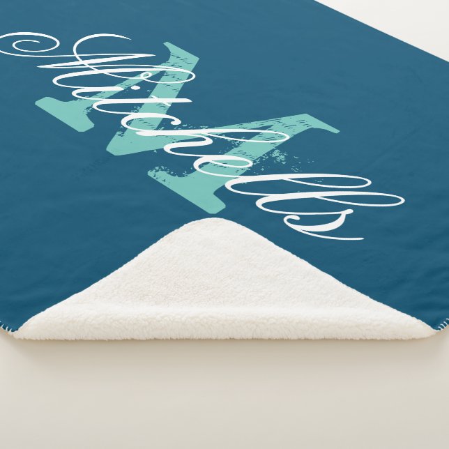 Custom monogram ocean blue medium size soft fleece sherpa blanket (3/4)