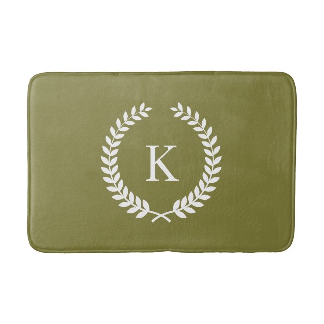 Custom Monogram Olive Green and White Bath Mat (Front)