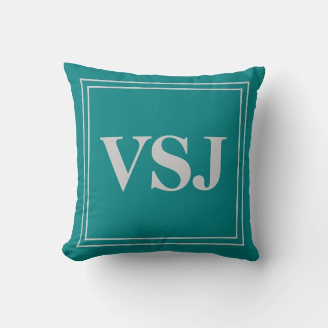 Custom Monogram on Grey and Teal Throw Pillow (Front)