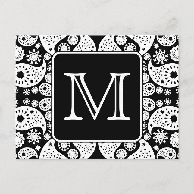 Custom Monogram on Monochrome Paisley Pattern. Postcard (Front)