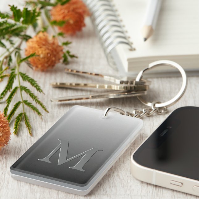 Custom Monogram On Ombre Black Grey White Gradient Keychain (Front Right)