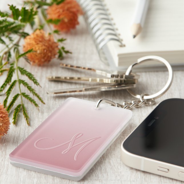 Custom Monogram On Ombre Coral Blush Pink Gradient Keychain (Front Right)