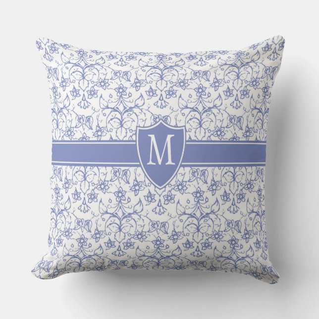 Custom Monogram on Stylish Blue Periwinkle Pattern Throw Pillow (Front)