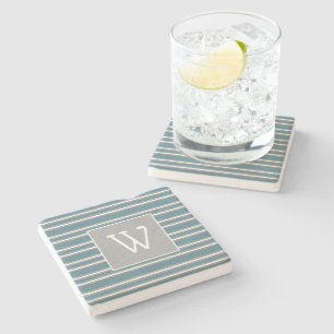 Custom Monogram on Turquoise and Grey Striped Stone Coaster