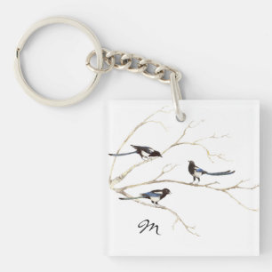 Custom Monogram or Name Magpie Family  Bird Keychain