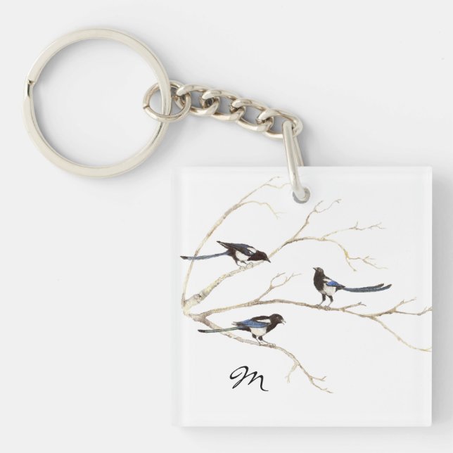 Custom Monogram or Name Magpie Family  Bird Keychain (Front)