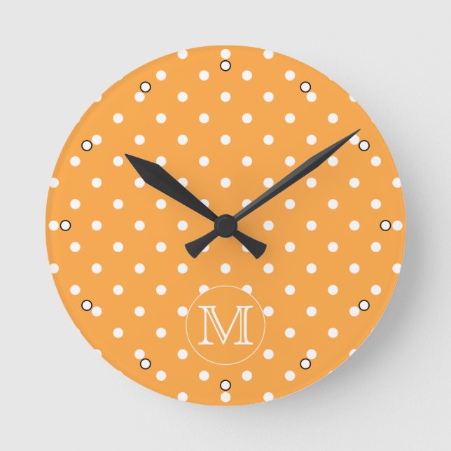 Custom Monogram. Orange and White Polka Dot. Round Clock (Front)