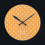 Custom Monogram. Orange and White Polka Dot. Round Clock<br><div class="desc">A customizable monogram initial letter on a background of an orange and white polka dot pattern. The letter can be personalized.</div>