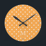 Custom Monogram. Orange and White Polka Dot. Round Clock<br><div class="desc">A customizable monogram initial letter on a background of an orange and white polka dot pattern. The letter can be personalized.</div>