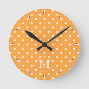 Custom Monogram. Orange and White Polka Dot. Round Clock