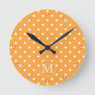Custom Monogram. Orange and White Polka Dot. Round Clock