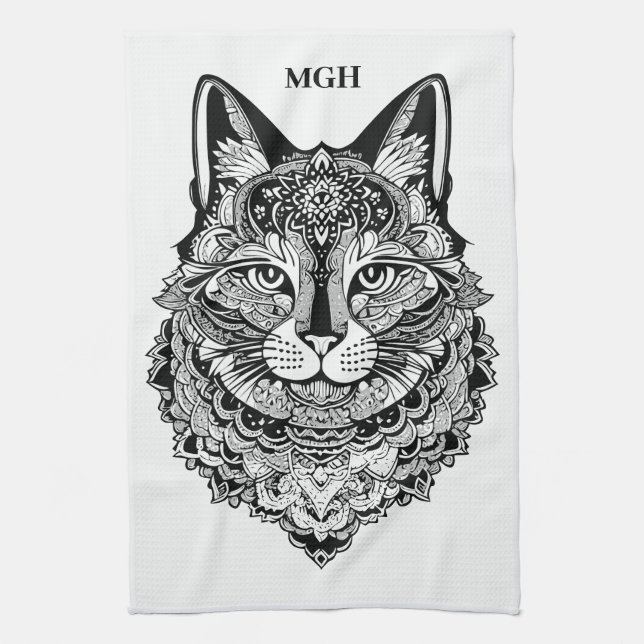Custom Monogram Ornamental Cat Kitchen Towel (Vertical)