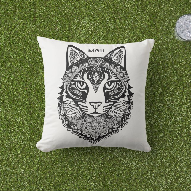 Custom Monogram Ornamental Cat Outdoor Pillow (Grass)