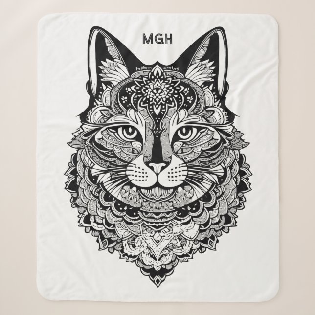Custom Monogram Ornamental Cat Sherpa Blanket (Front)