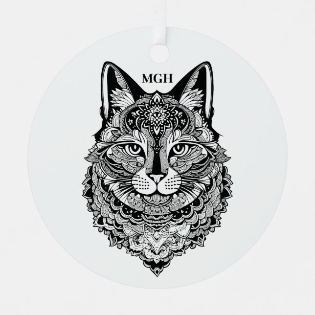 Custom Monogram Ornamental Cats Metal Ornament (Front)